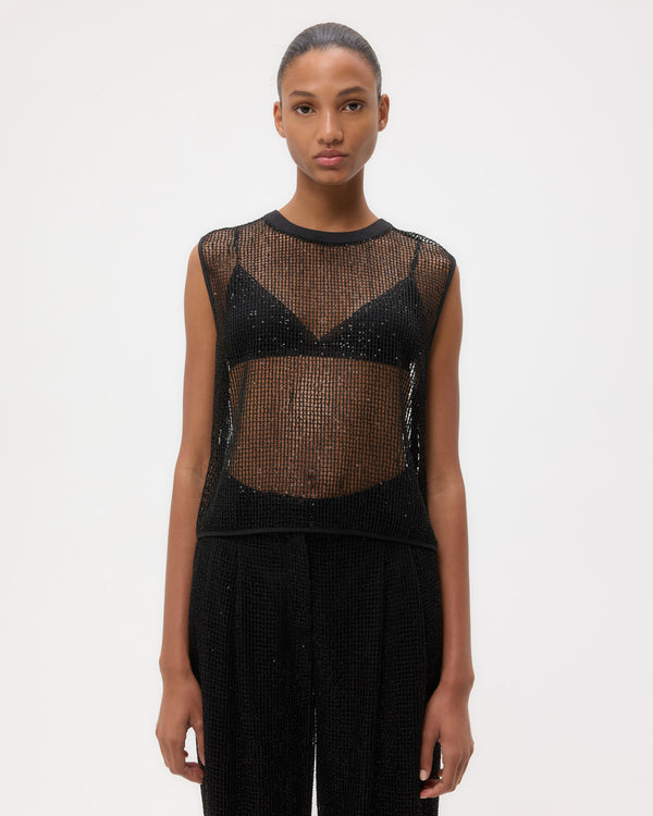TWP Black Short Muscle Tank in Mini Sequin Netting view 3