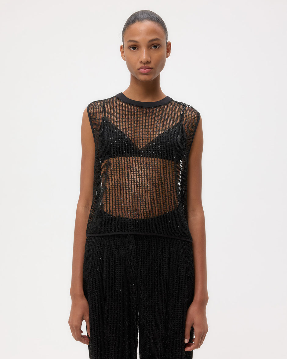 TWP Black Short Muscle Tank in Mini Sequin Netting view 3