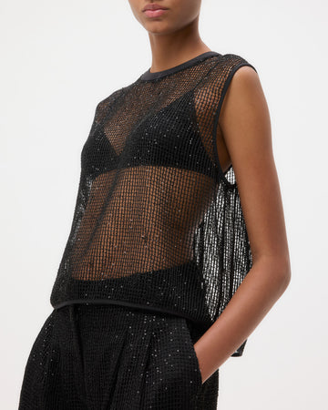 TWP Black Short Muscle Tank in Mini Sequin Netting view 2