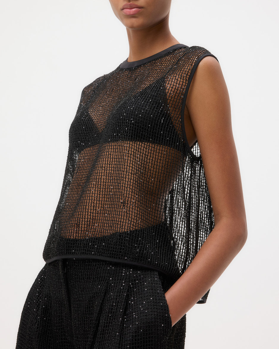 TWP Black Short Muscle Tank in Mini Sequin Netting view 2