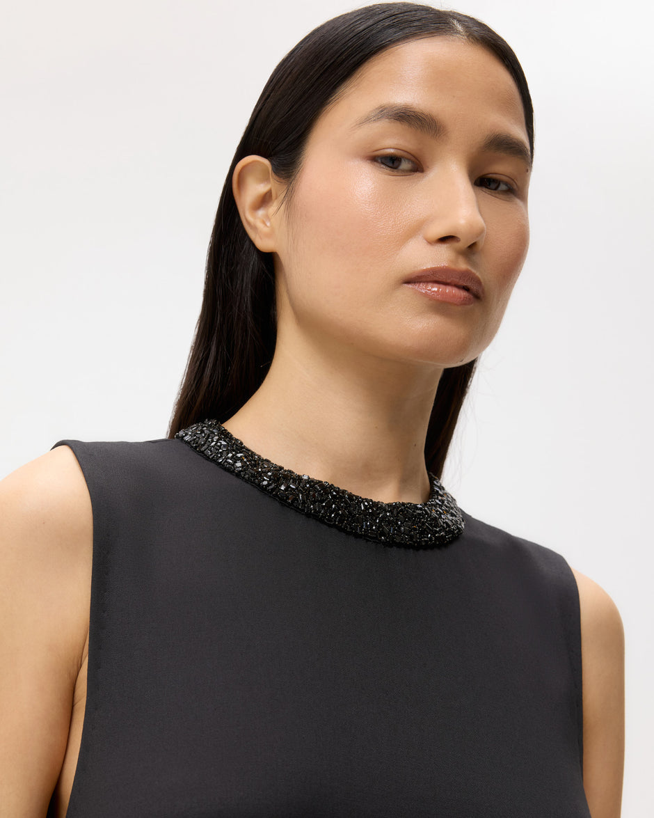 TWP Black Capitol Dress With Crystal Collar in Silk Finish Twill view 2