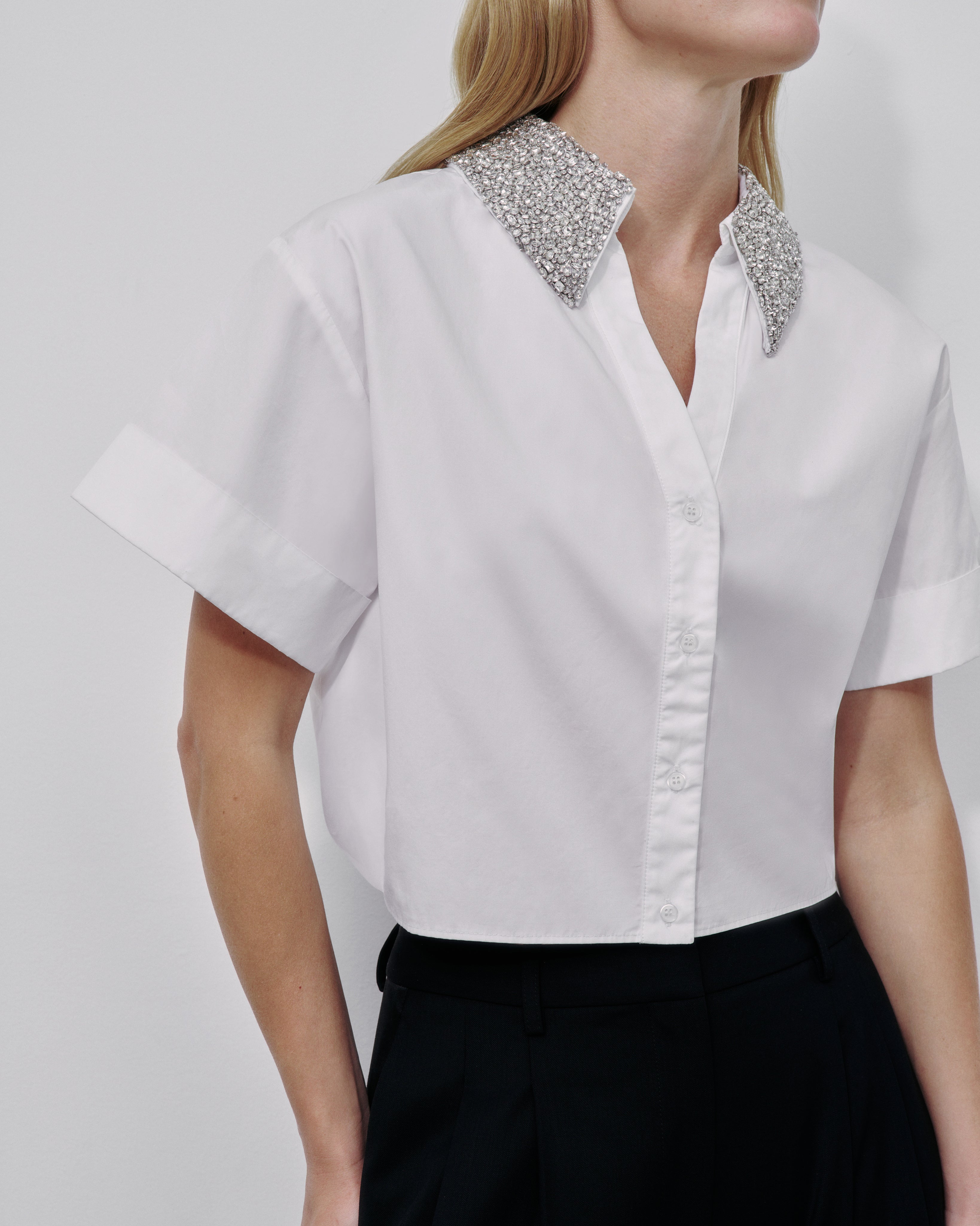 White Forever and Always Reversible Shirt With Crystal Collar in