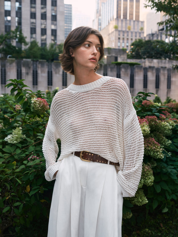 TWP White Wide Crew L/S Pullover in Silk Blend Yarn view 6
