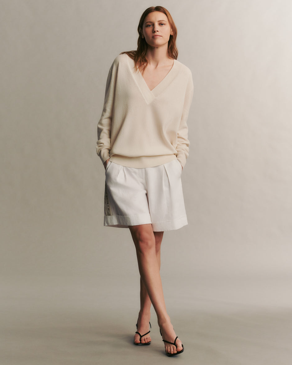 TWP Ivory Deep V Sweater in Cashmere view 3