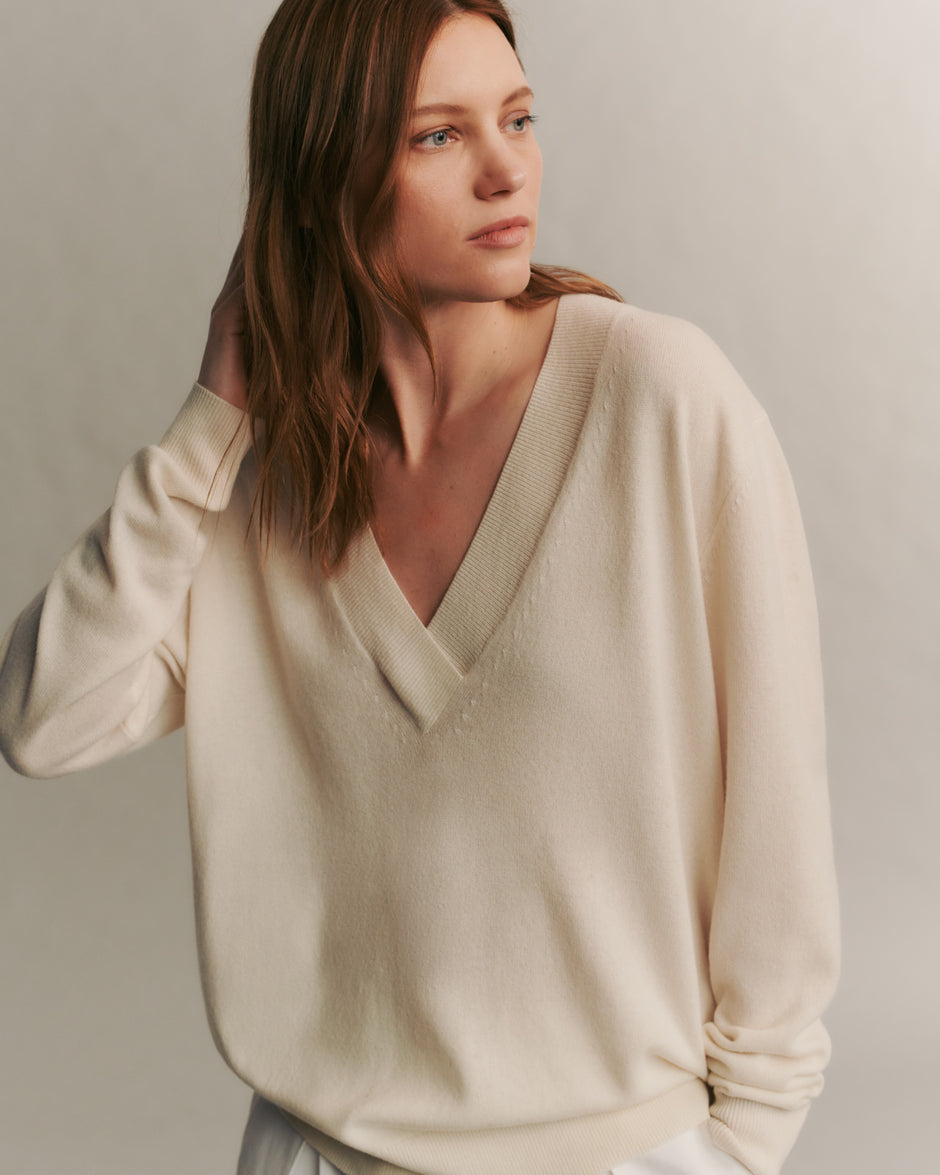 TWP Ivory Deep V Sweater in Cashmere view 1