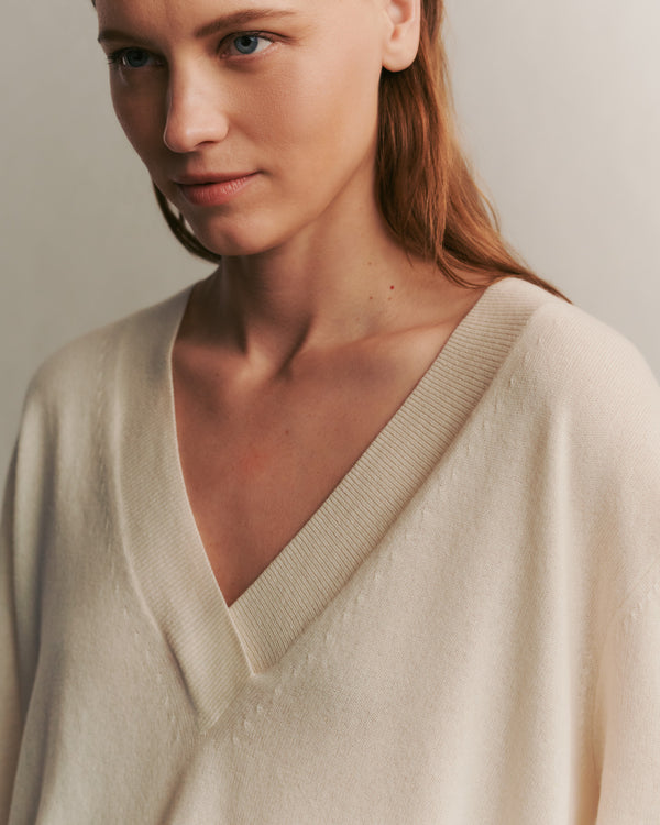 TWP Ivory Deep V Sweater in Cashmere view 3