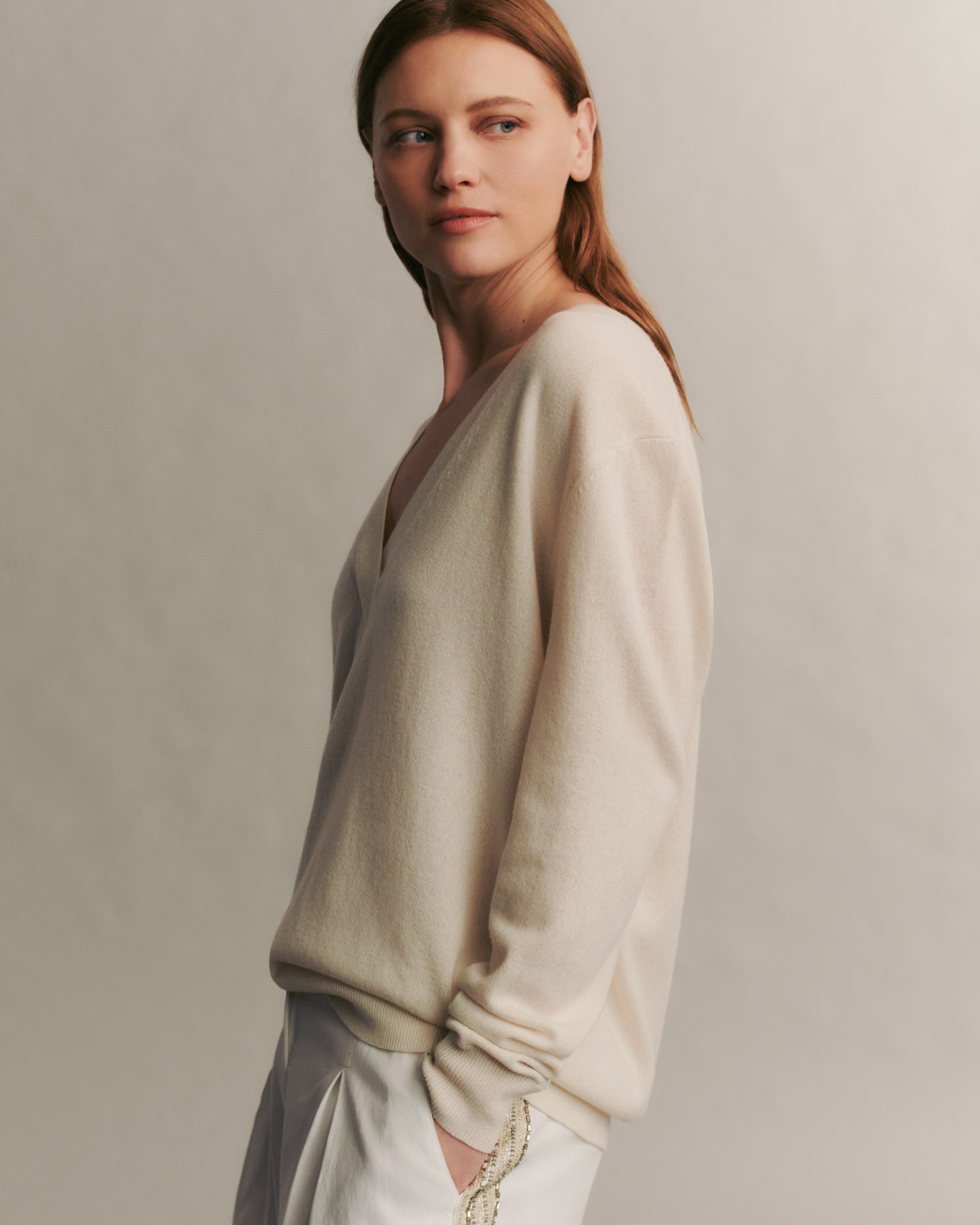 TWP Ivory Deep V Sweater in Cashmere view 4