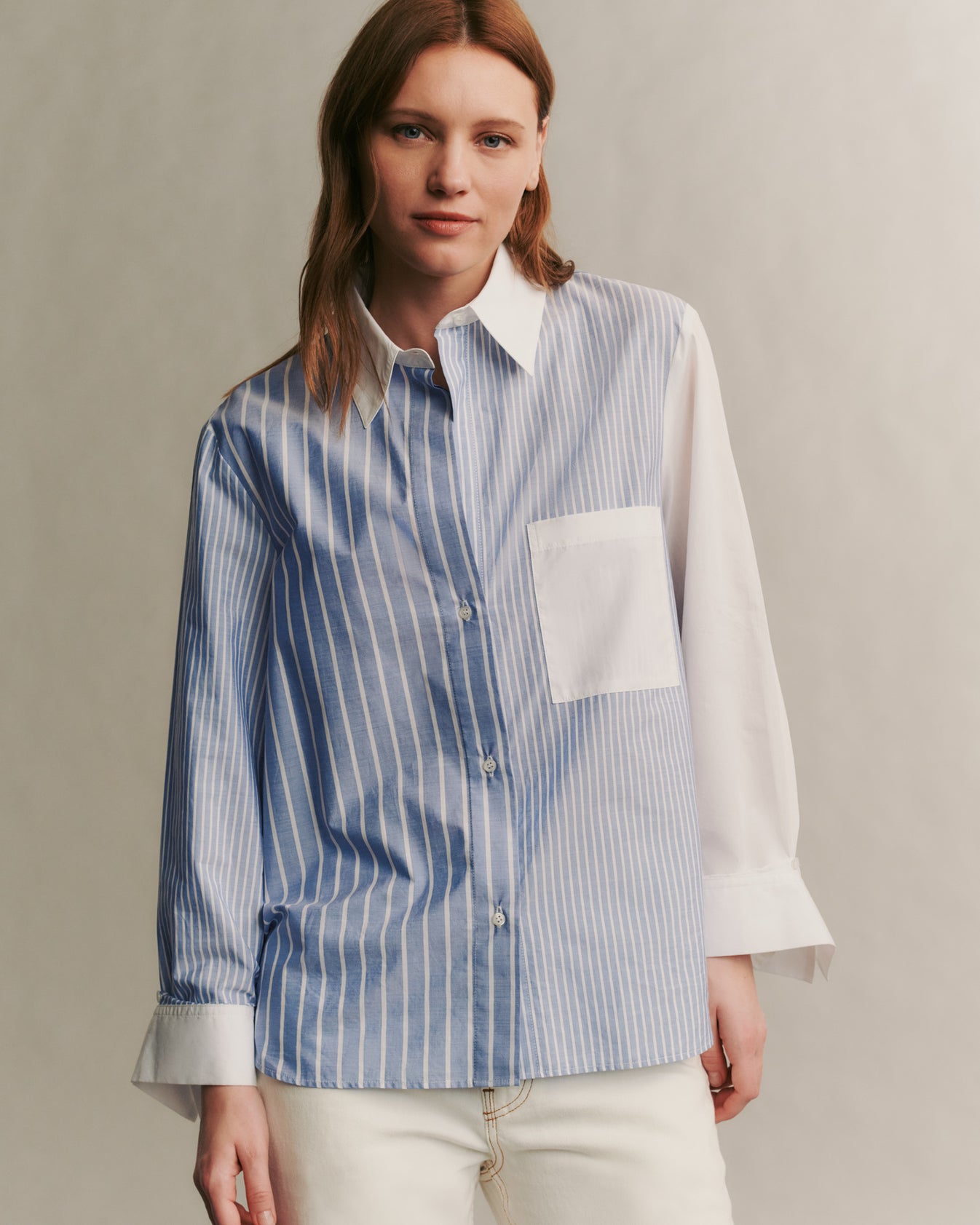 TWP Indigo/white New Morning After shirt in combo stripe view 2