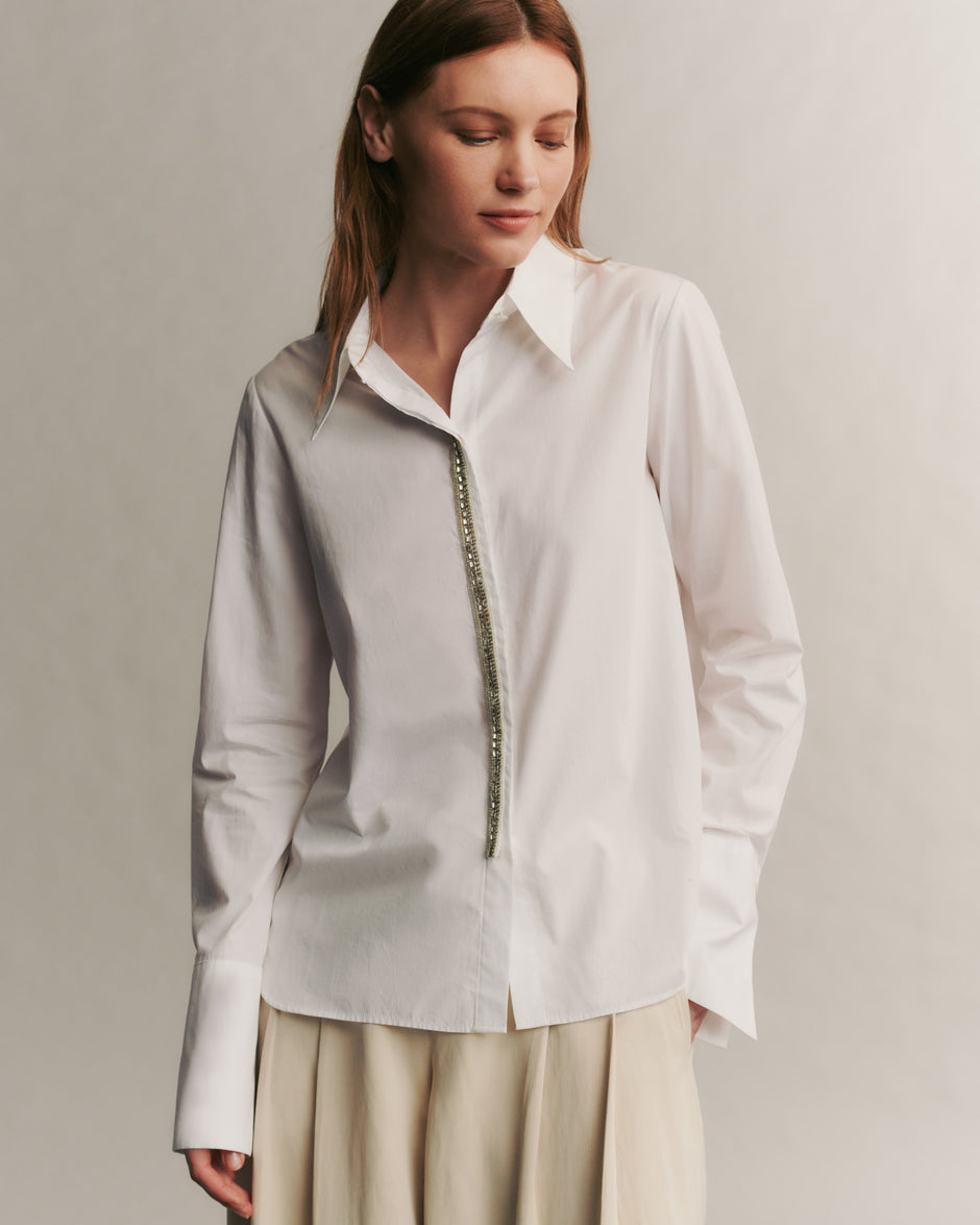 TWP White Object Of Affection Top With Embellished Placket in Superfine Cotton view 1