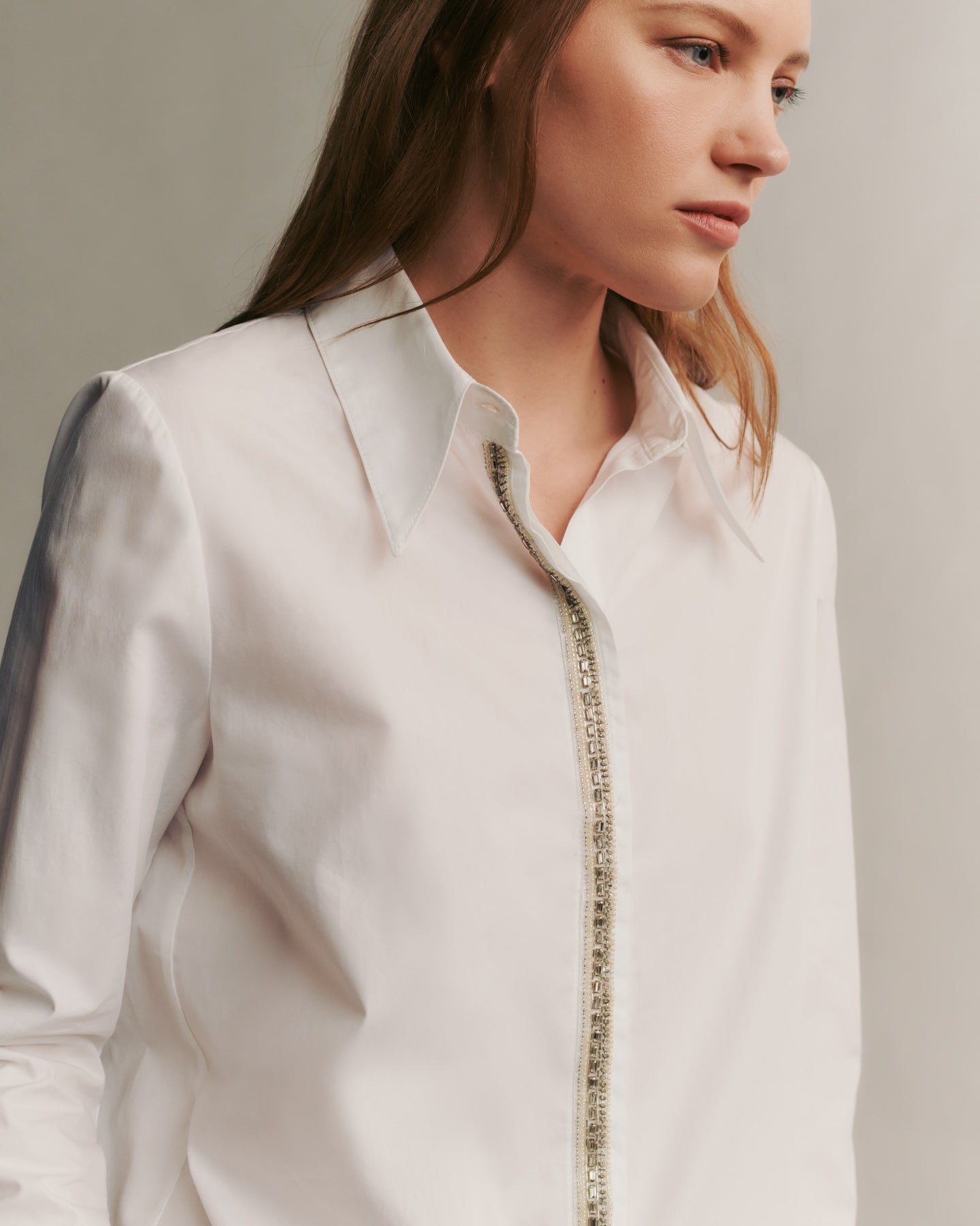 TWP White Object Of Affection Top With Embellished Placket in Superfine Cotton view 4