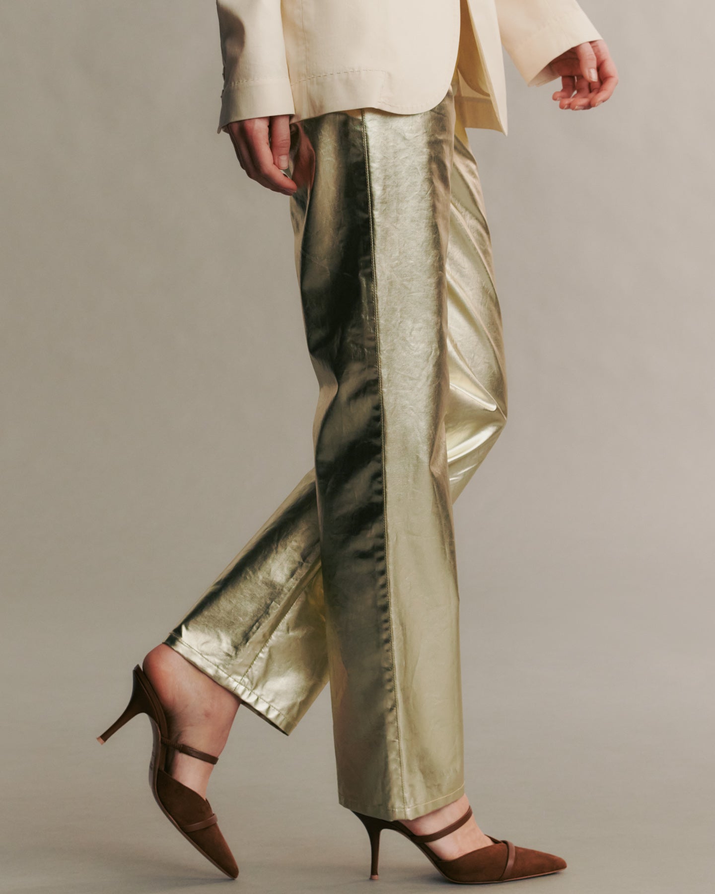 TWP Light gold Pony Boy pant in metallic coated canvas view 6