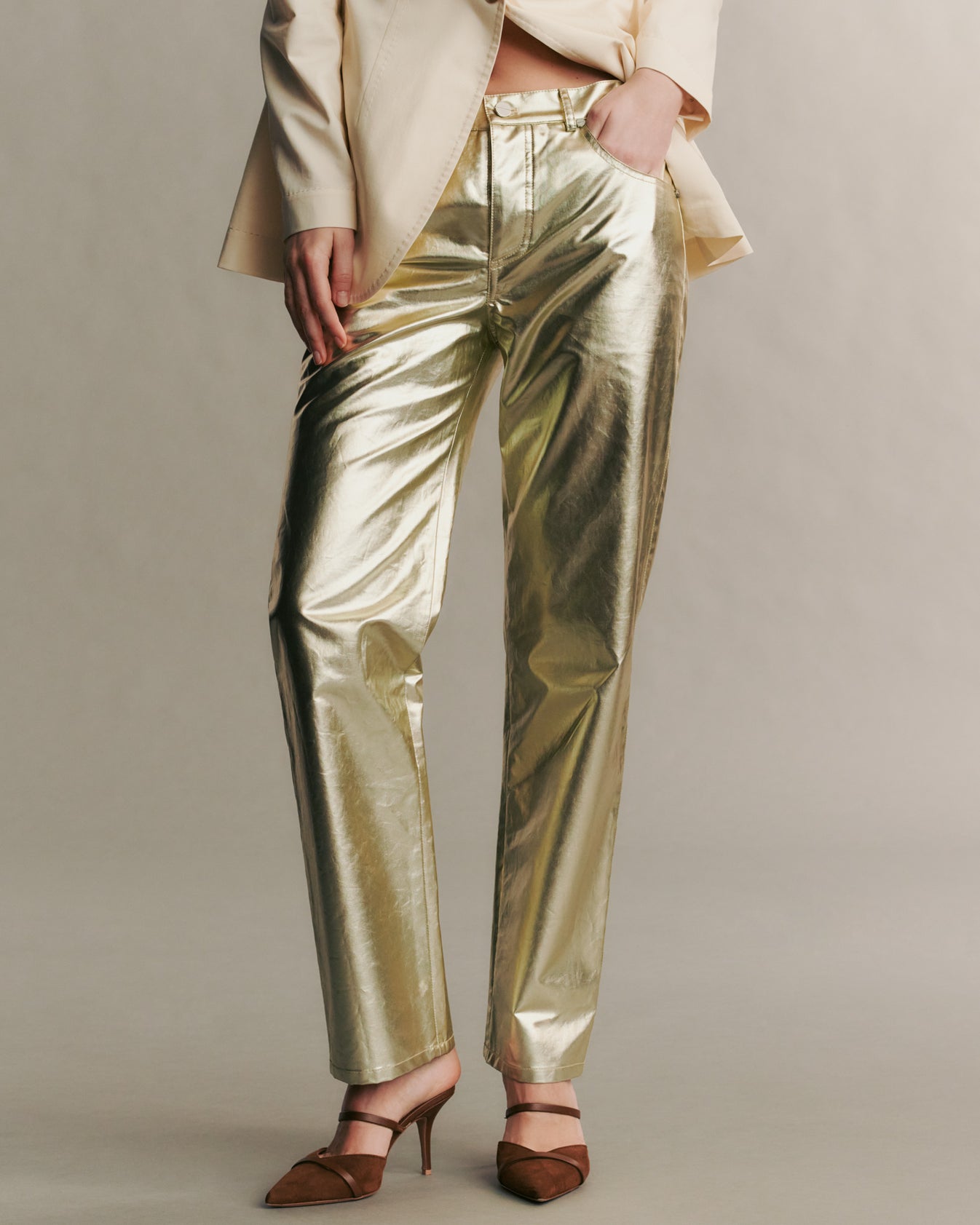 TWP Light gold Pony Boy pant in metallic coated canvas view 3