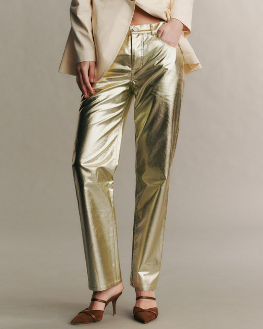 TWP Light gold Pony Boy pant in metallic coated canvas view 4