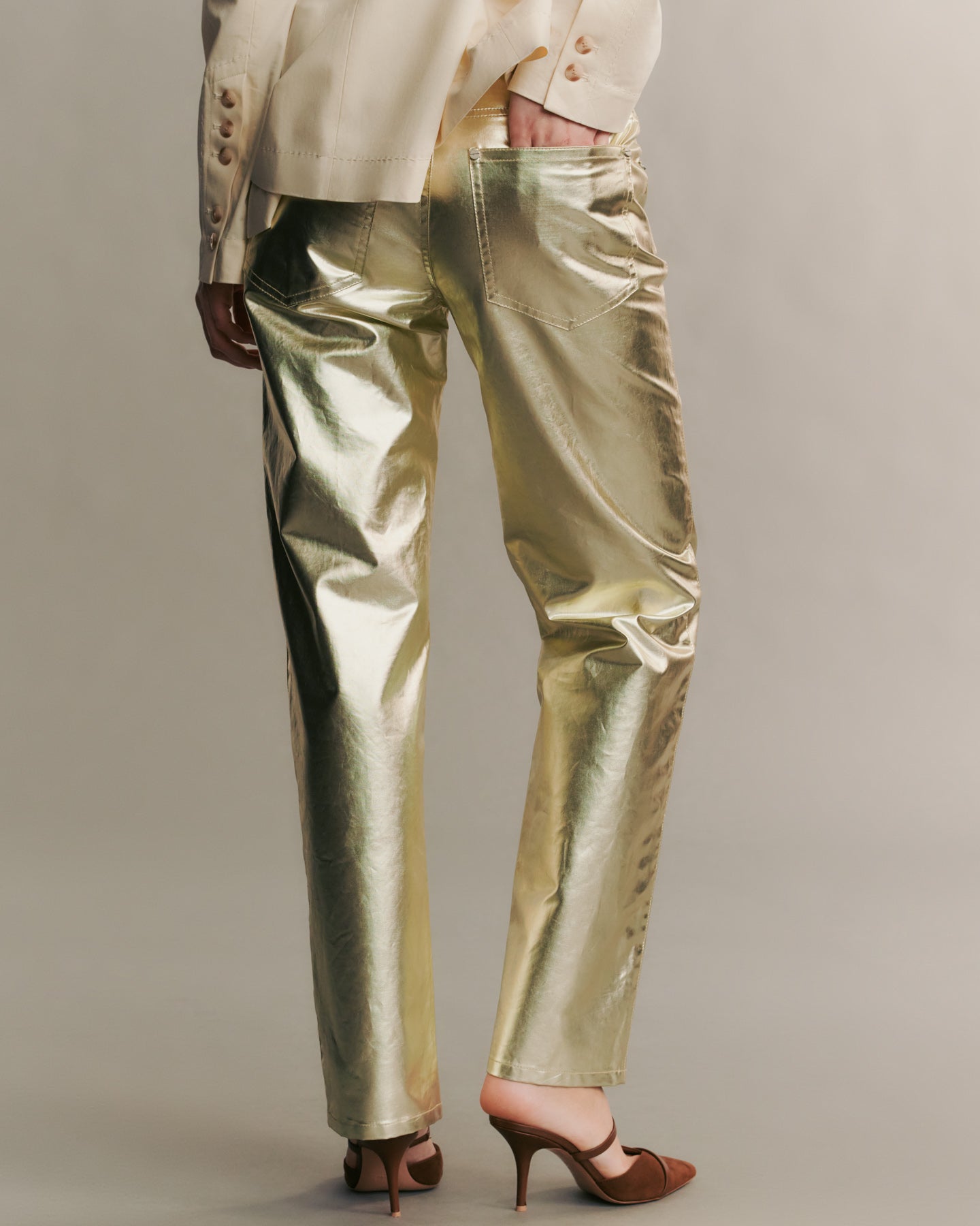 TWP Light gold Pony Boy pant in metallic coated canvas view 5