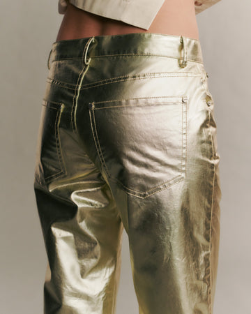 TWP Light gold Pony Boy pant in metallic coated canvas view 5