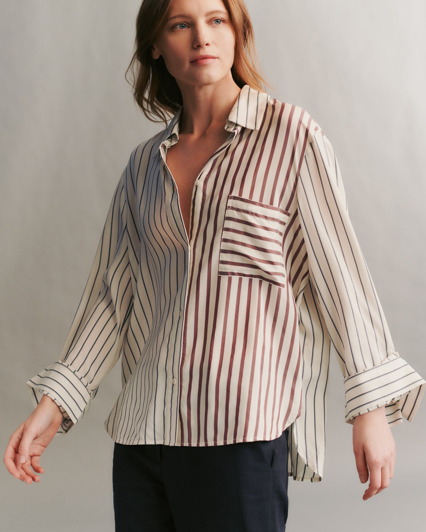 TWP Brown multi New Morning After Shirt in striped silk voile view 1