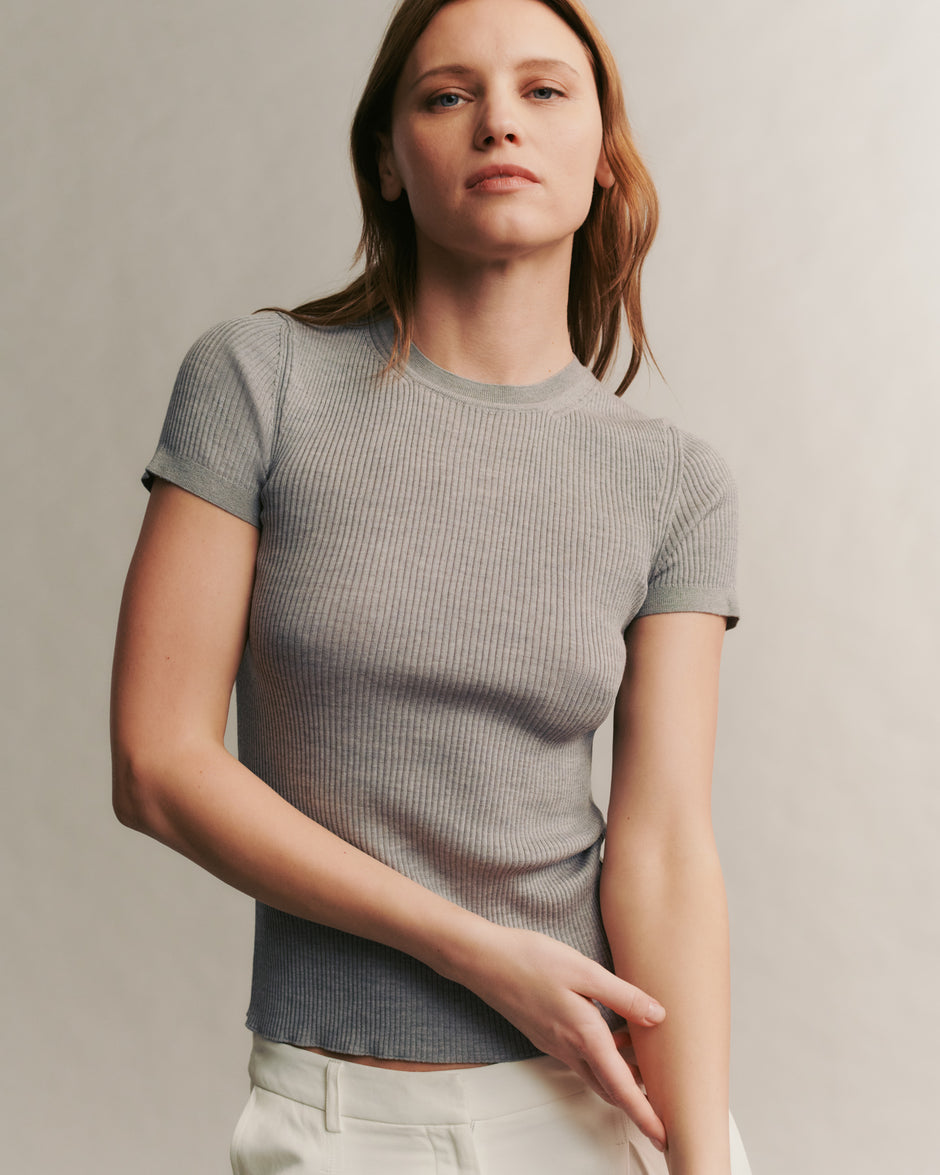 TWP Light heather grey Tease top in merino wool view 1