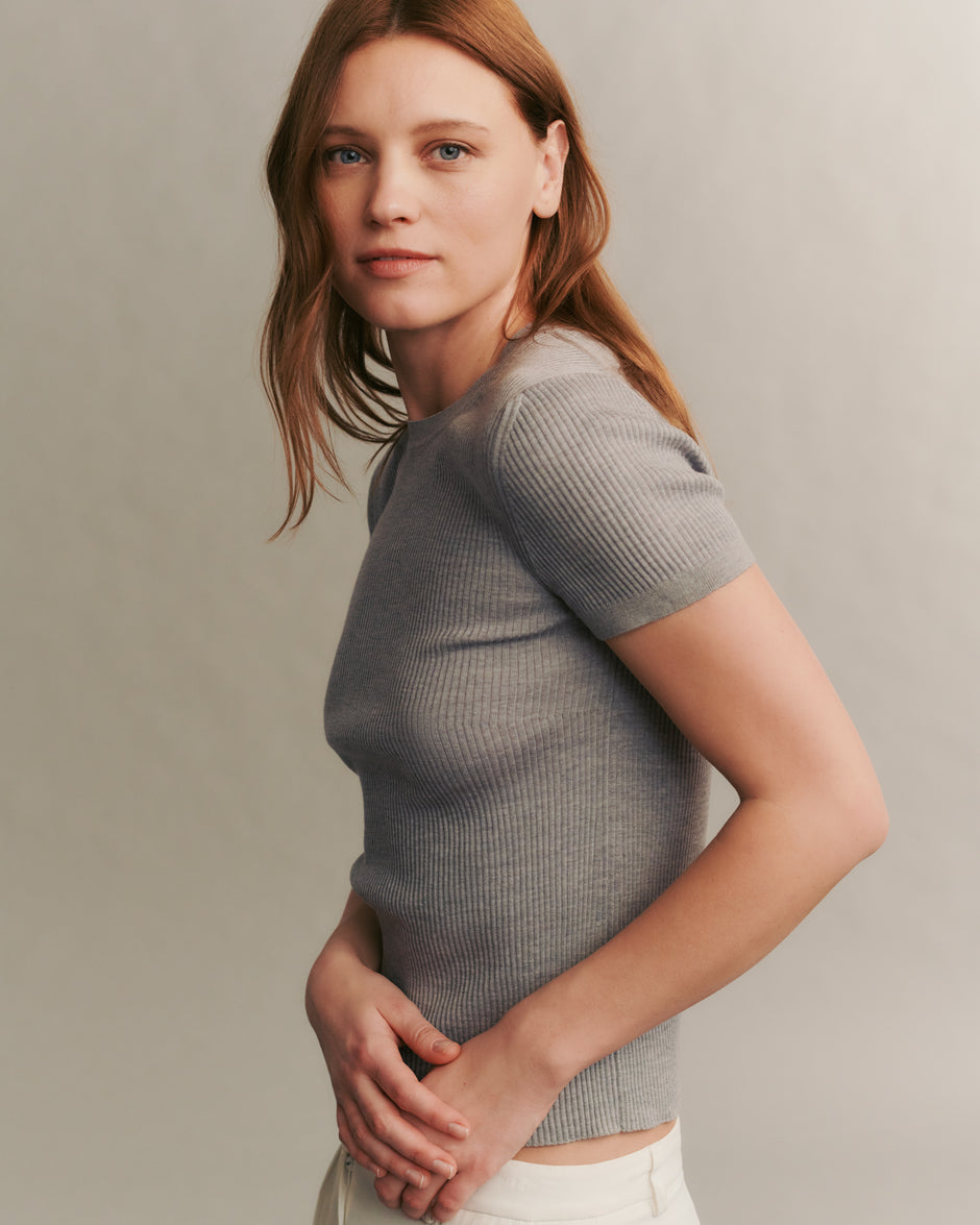 TWP Light heather grey Tease top in merino wool view 17