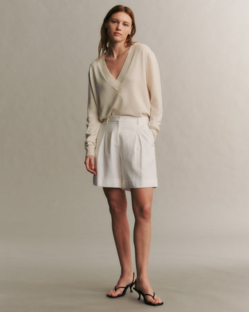TWP White Thompson Short With Embellished Tux Stripe in Cotton Linen view 3