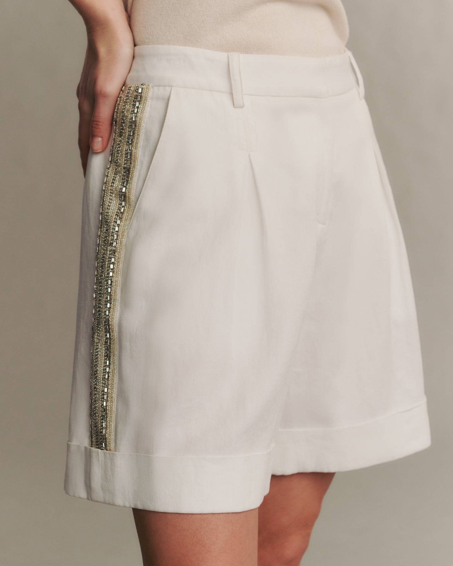 TWP White Thompson Short With Embellished Tux Stripe in Cotton Linen view 4