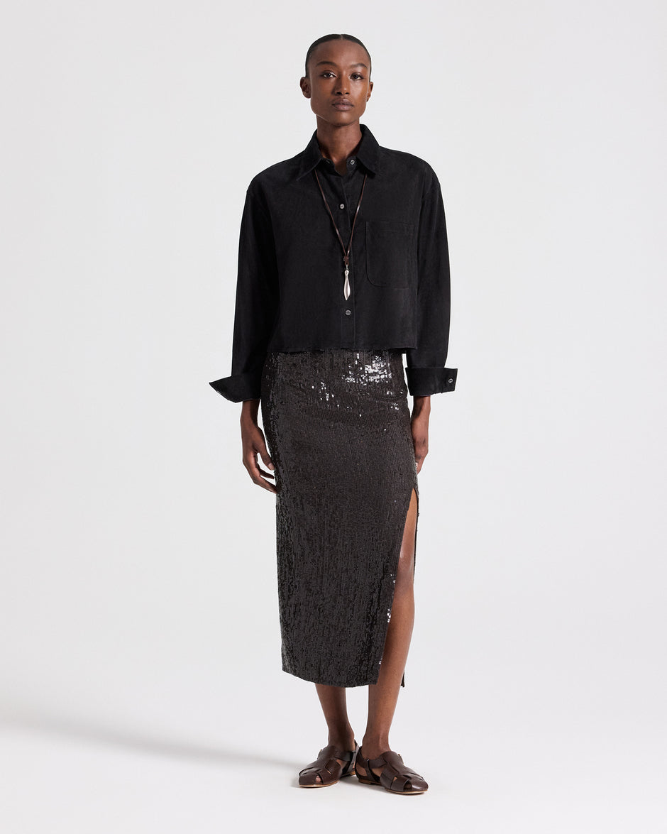 TWP Black Little Big Joe Shirt in Paper Suede view 3