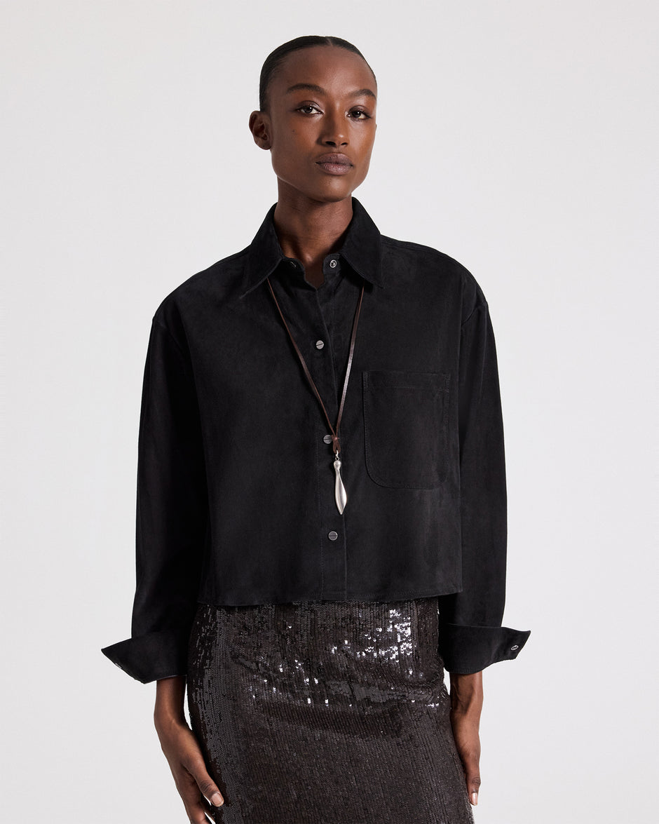 TWP Black Little Big Joe Shirt in Paper Suede view 1