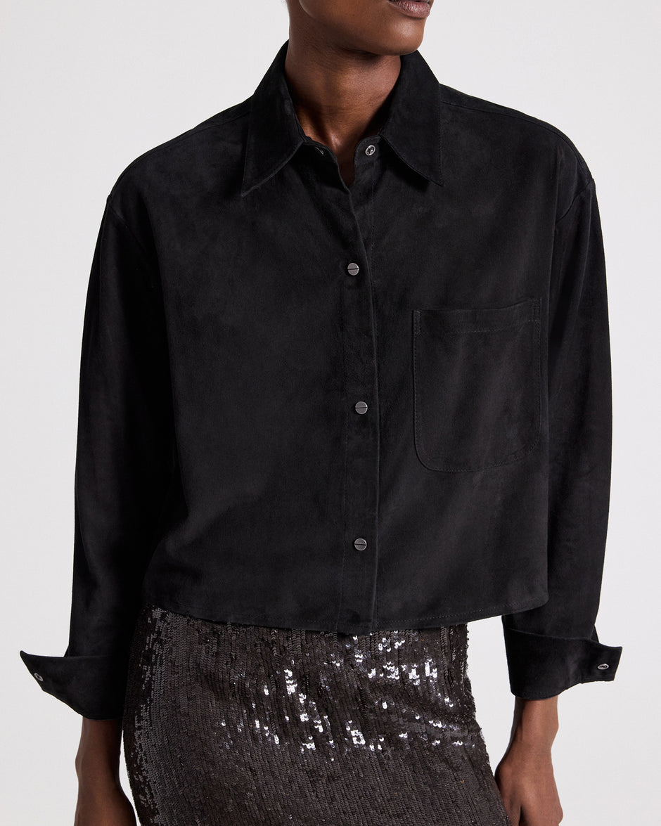 TWP Black Little Big Joe Shirt in Paper Suede view 2