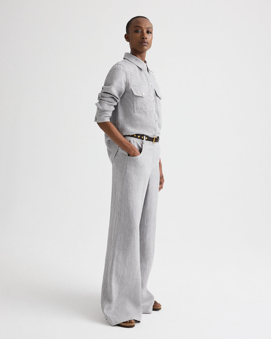 TWP Light heather grey Dillon Pant in Lightweight Washed Hemp Denim view 3