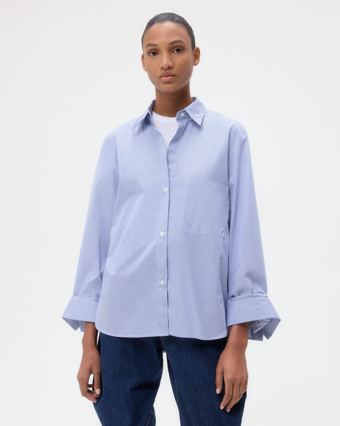 TWP White/midnight Next Morning Shirt in Superfine Mini Stripe view 1