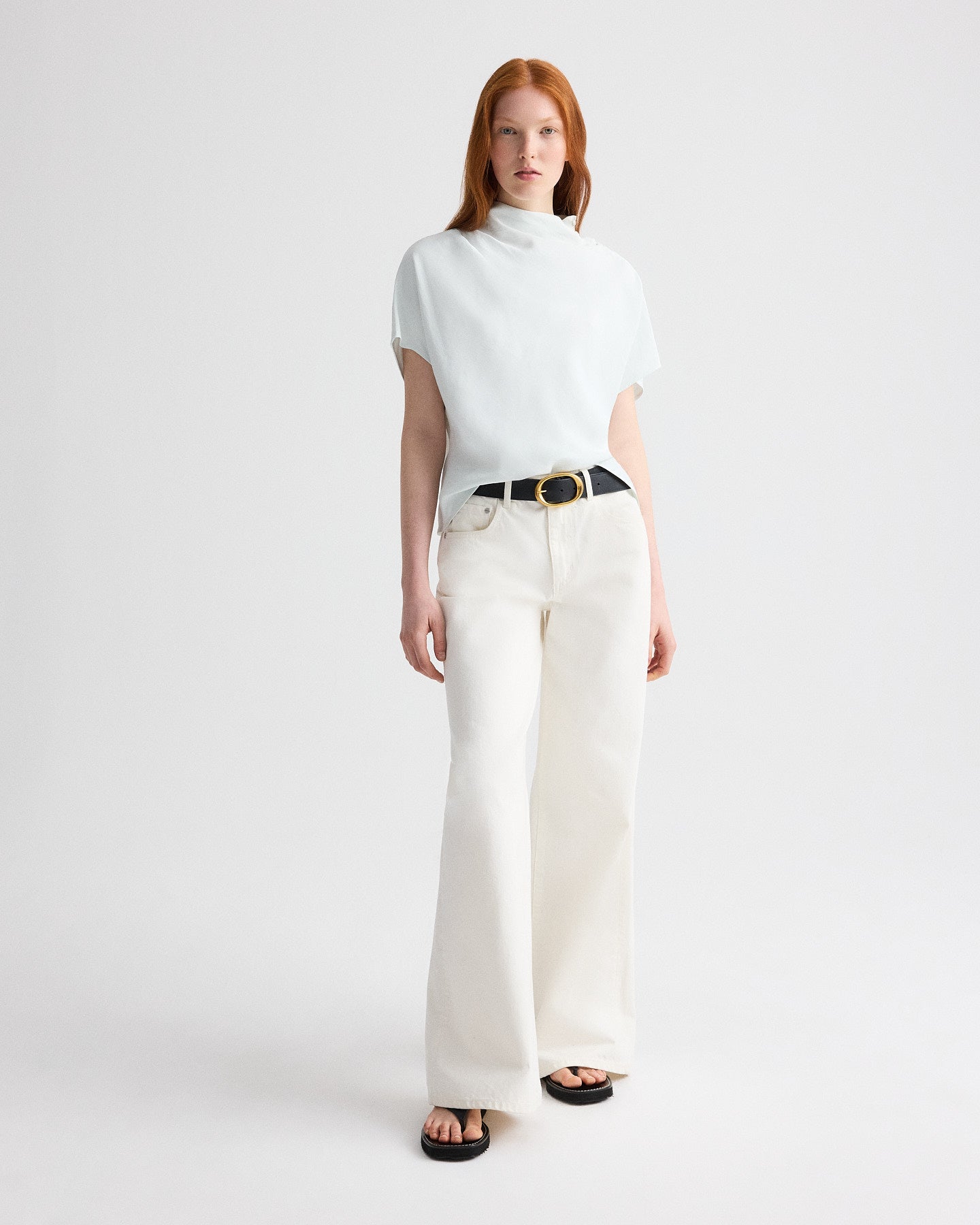 Blue flower Mock Neck Tee in Coated Viscose Linen | TWP