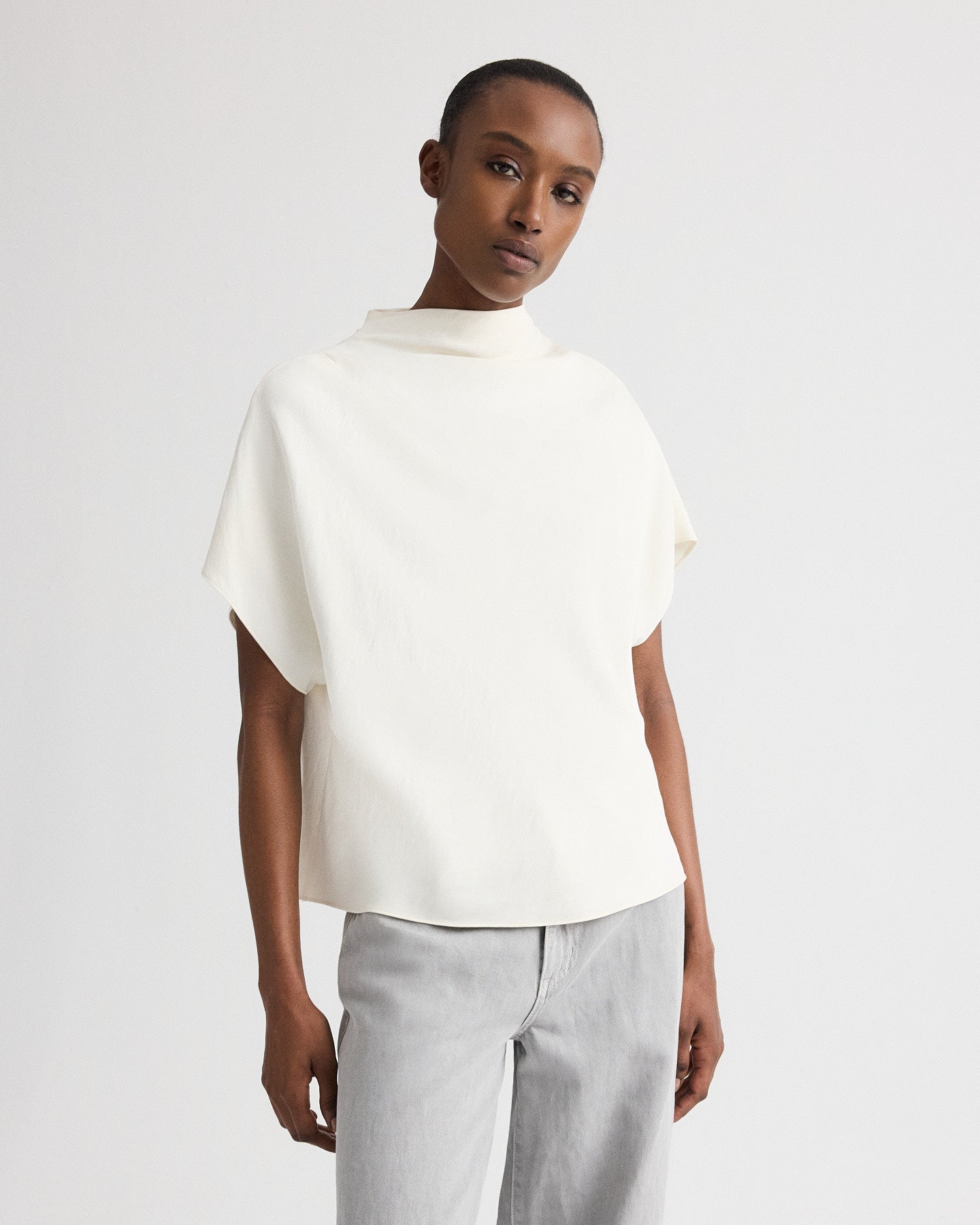 TWP Bone Mock Neck Tee in Coated Viscose Linen view 1
