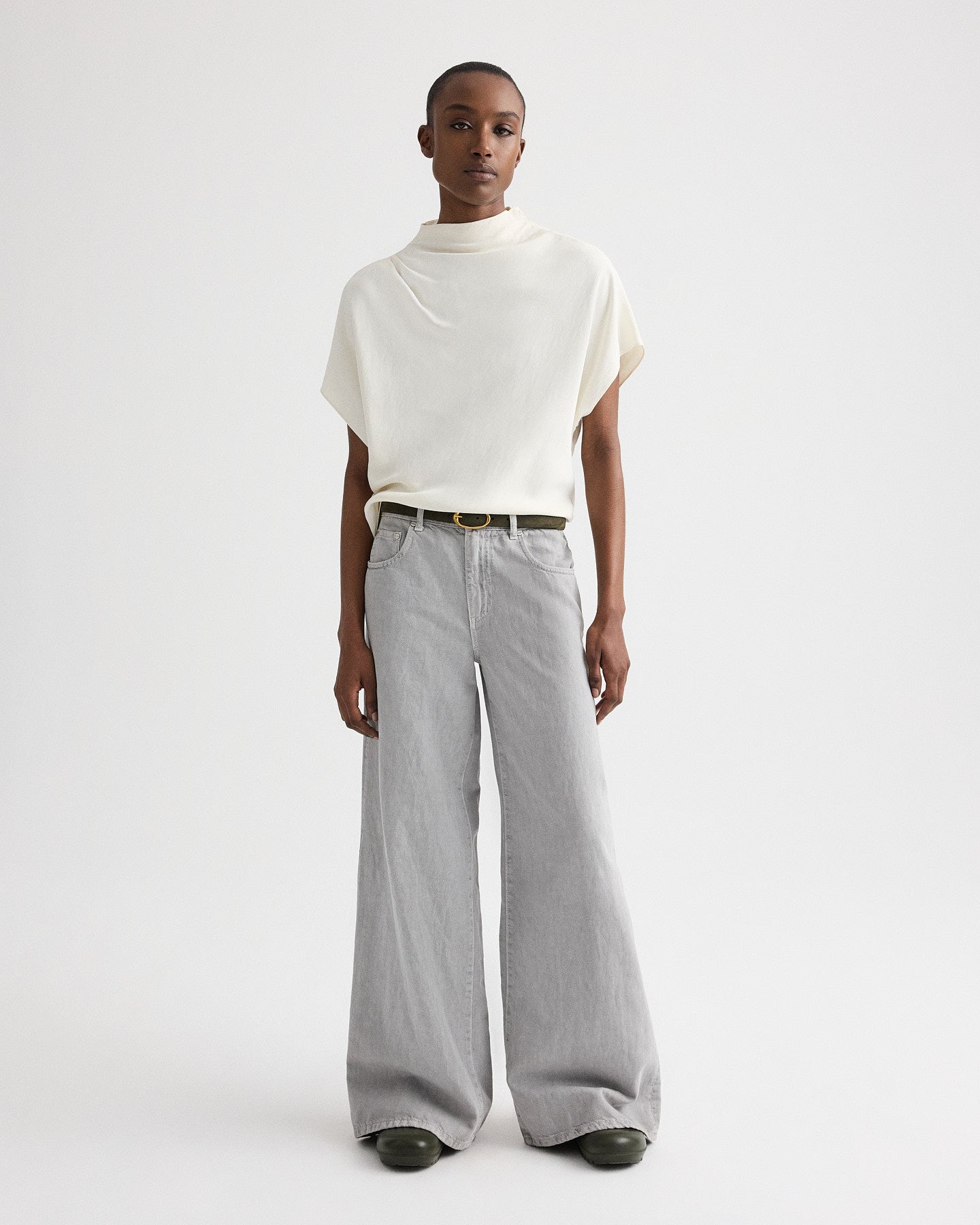 TWP Bone Mock Neck Tee in Coated Viscose Linen view 3