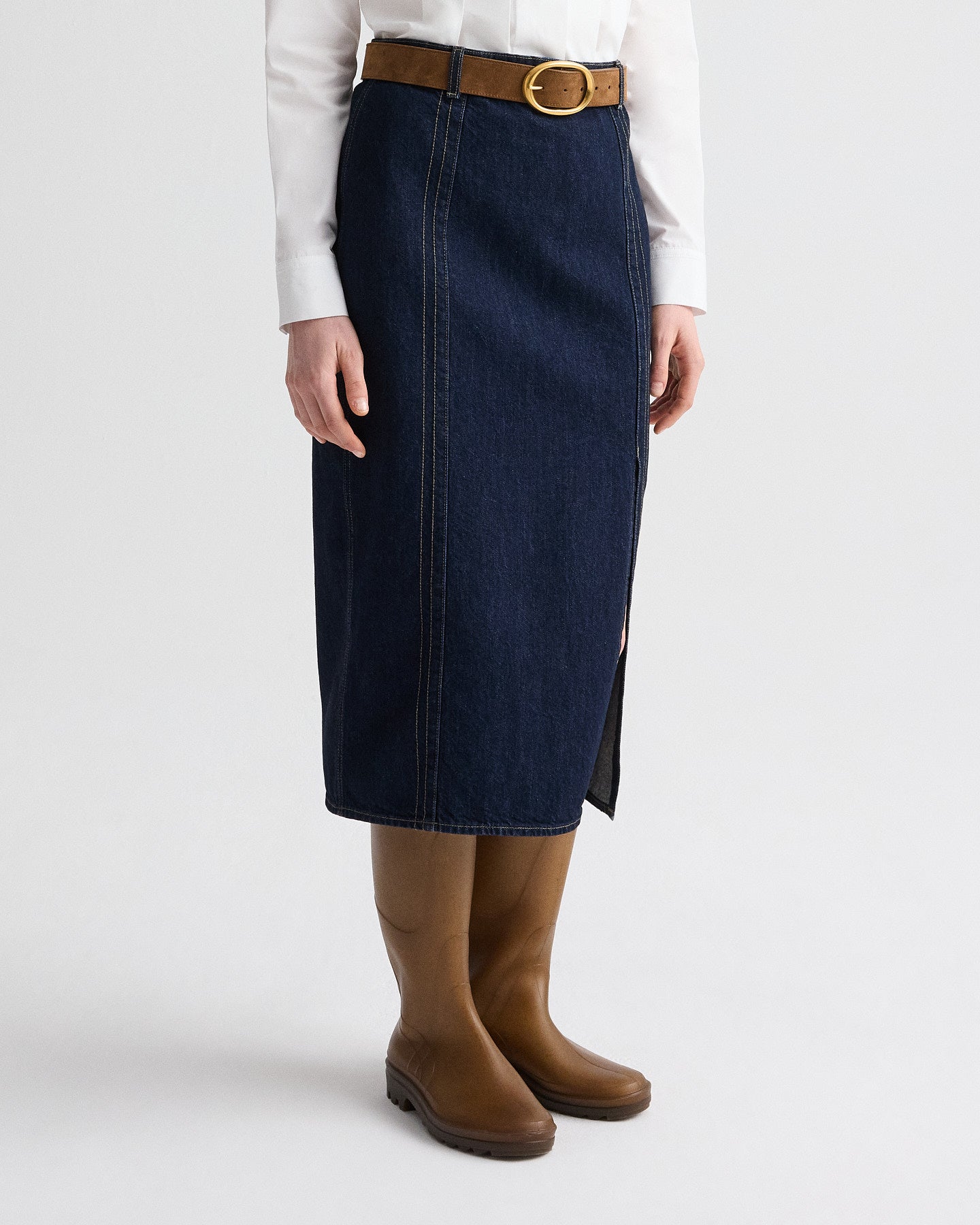 TWP Dark stone Denim Skirt with Seams in Heavy Denim view 3