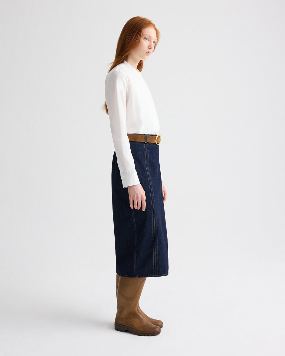 TWP Dark stone Denim Skirt with Seams in Heavy Denim view 4