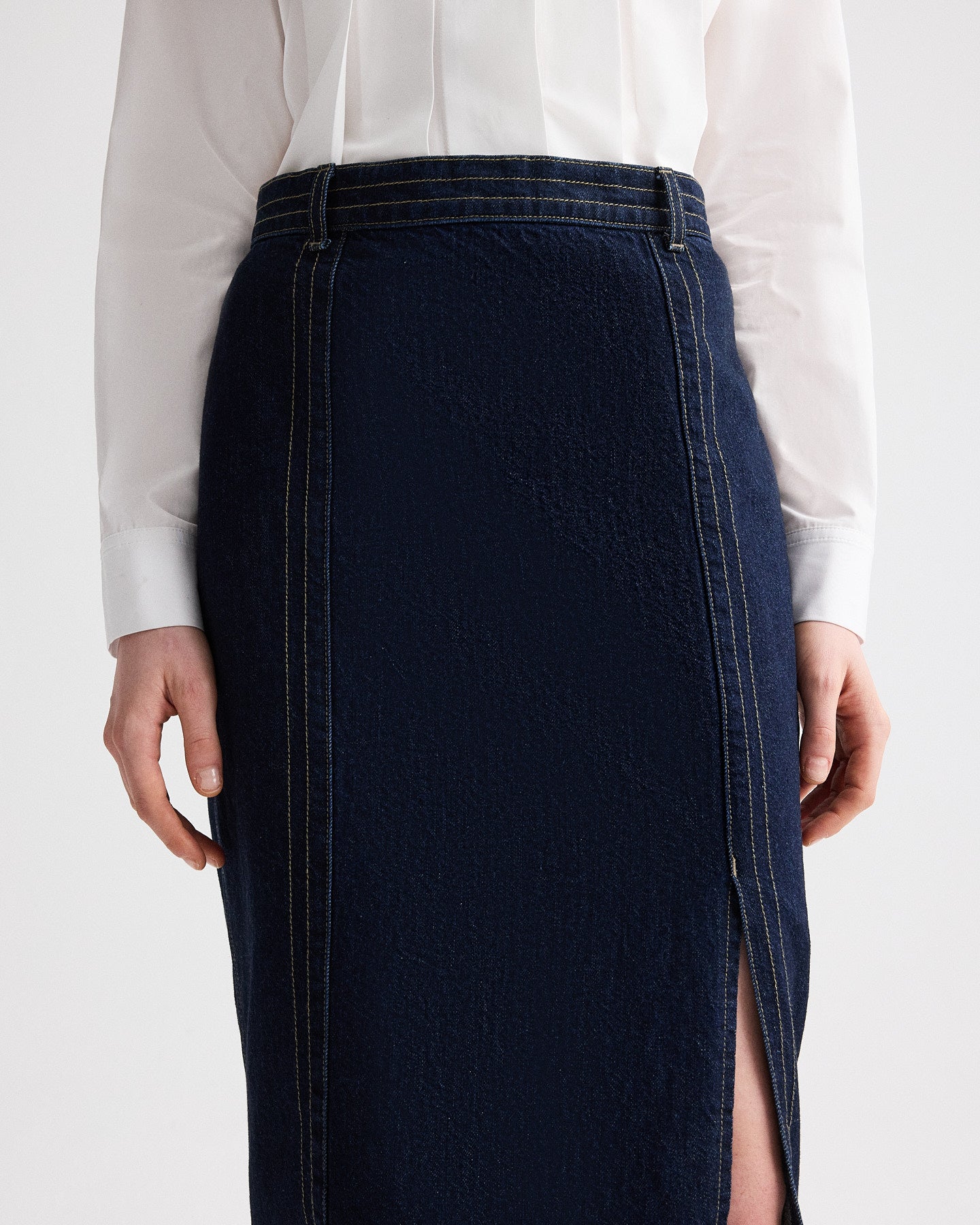 TWP Dark stone Denim Skirt with Seams in Heavy Denim view 1