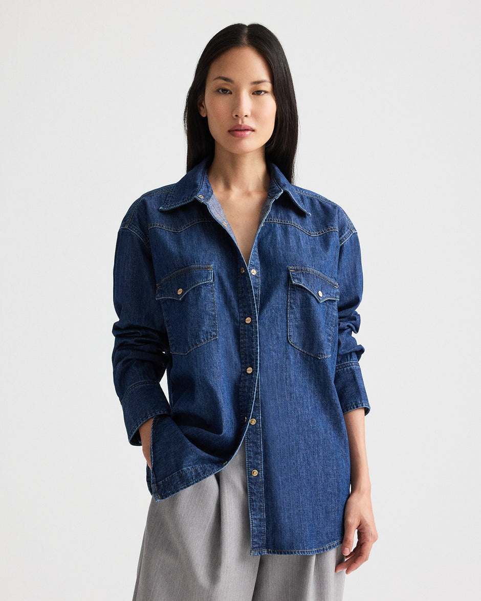 TWP Dark stone OG Supersized Ranchers Shirt in Denim Shirting view 2