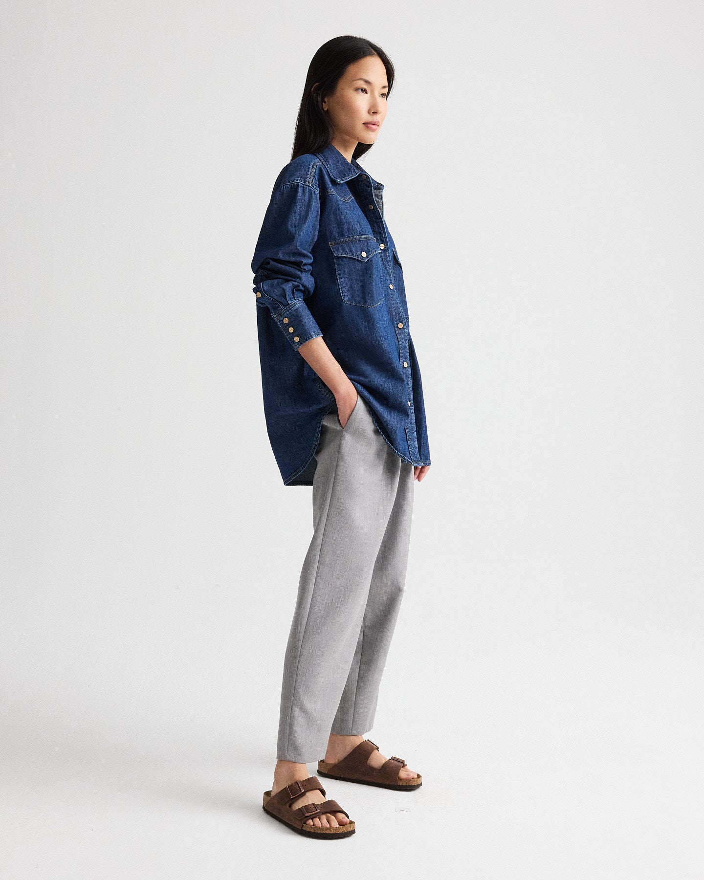 TWP Dark stone OG Supersized Ranchers Shirt in Denim Shirting view 4