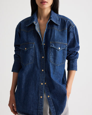 TWP Dark stone OG Supersized Ranchers Shirt in Denim Shirting view 1