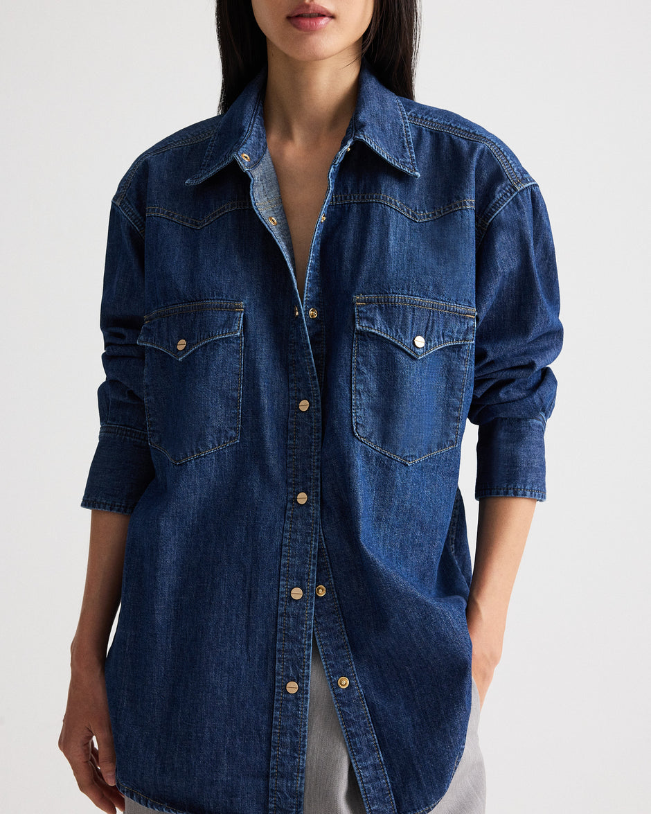 TWP Dark stone OG Supersized Ranchers Shirt in Denim Shirting view 1
