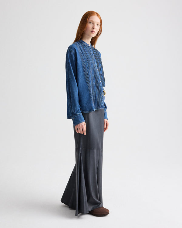 TWP Paris Pintuck Painter Shirt in Denim Shirting view 4