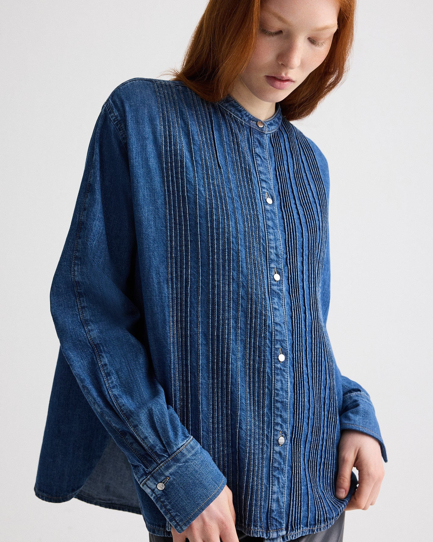 TWP Paris Pintuck Painter Shirt in Denim Shirting view 3