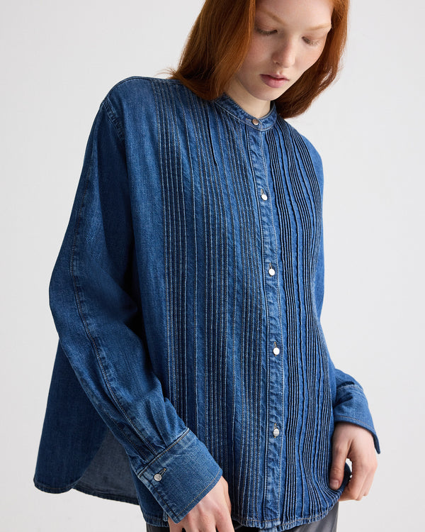 TWP Paris Pintuck Painter Shirt in Denim Shirting view 3