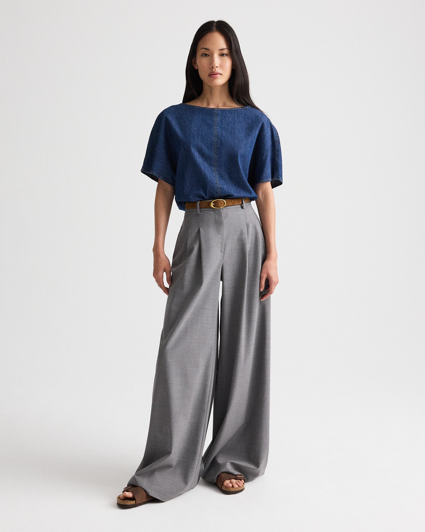 TWP Dark stone Simple T in Denim Shirting view 3