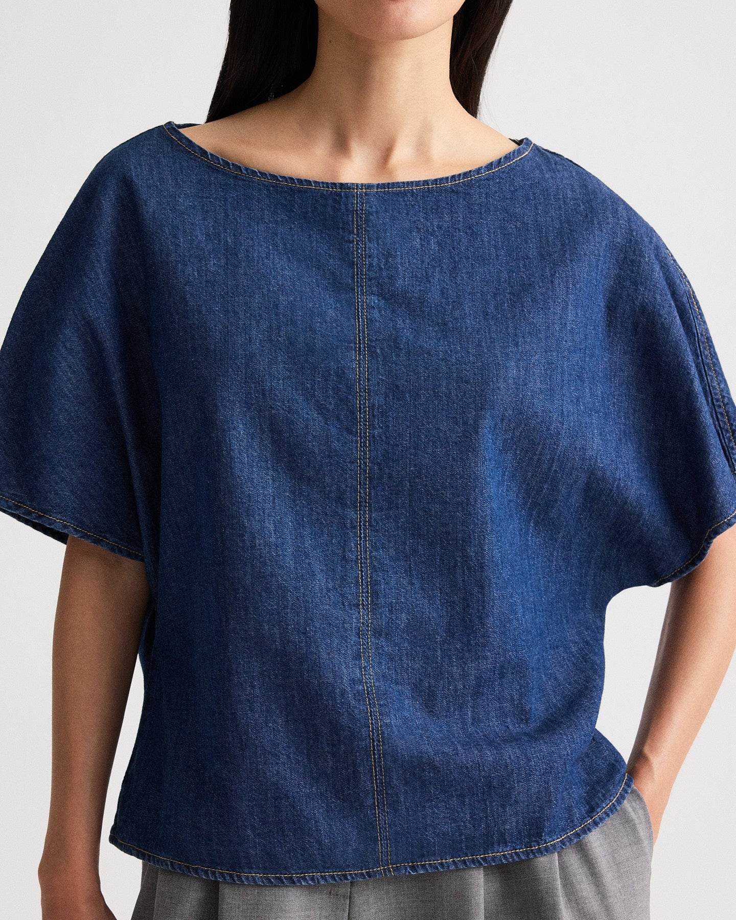 TWP Dark stone Simple T in Denim Shirting view 2
