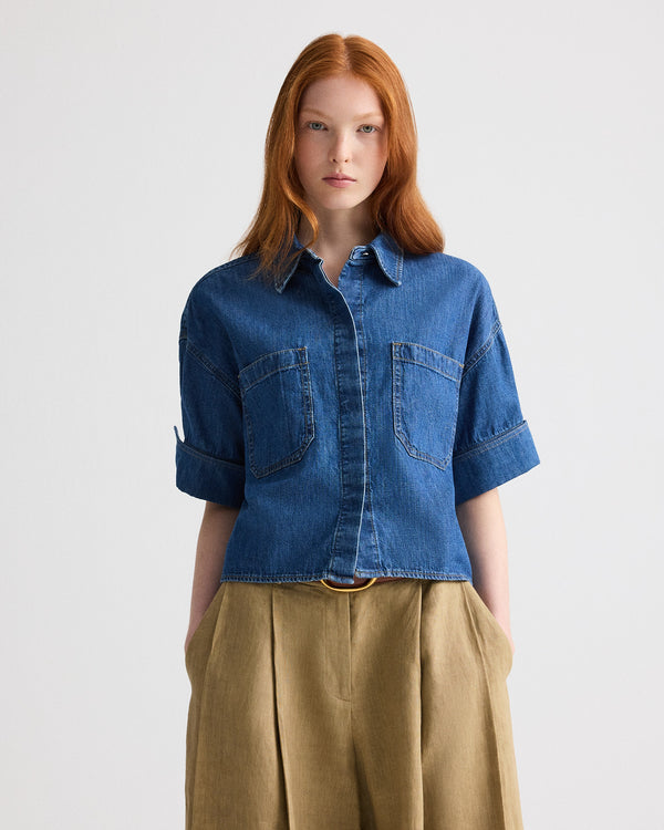 TWP Paris My Newest Mistake Shirt in Denim Shirting view 1