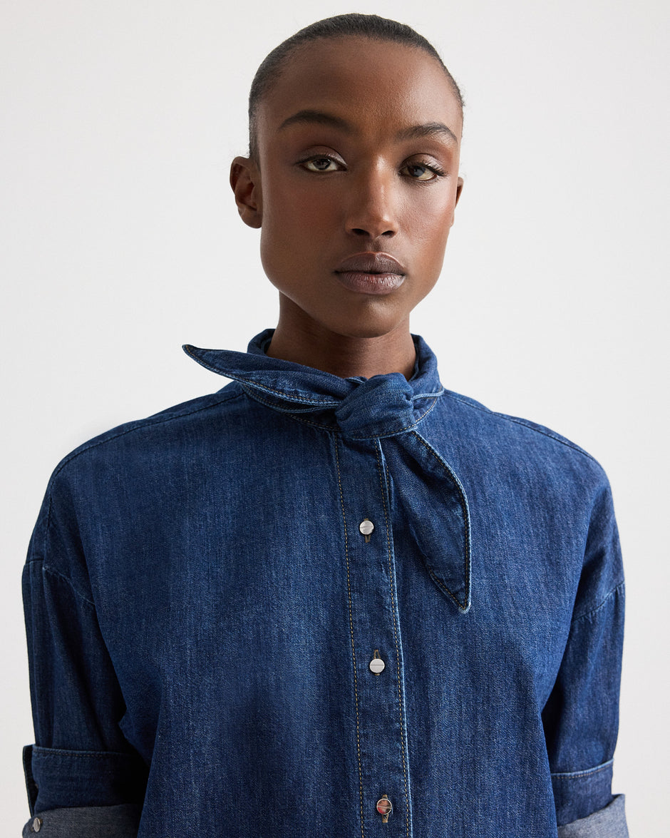 TWP Dark stone Tie One On Shirt in Denim Shirting view 3