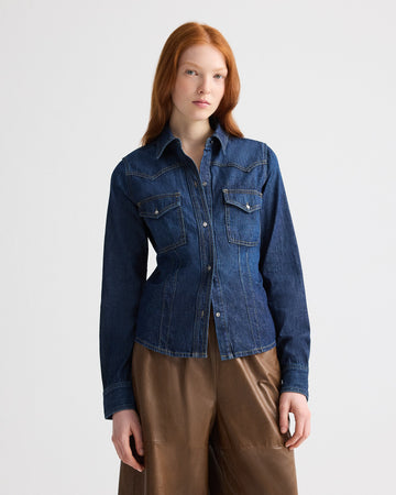 TWP Dark wash Mustang Sally Shirt in Denim Shirting view 1