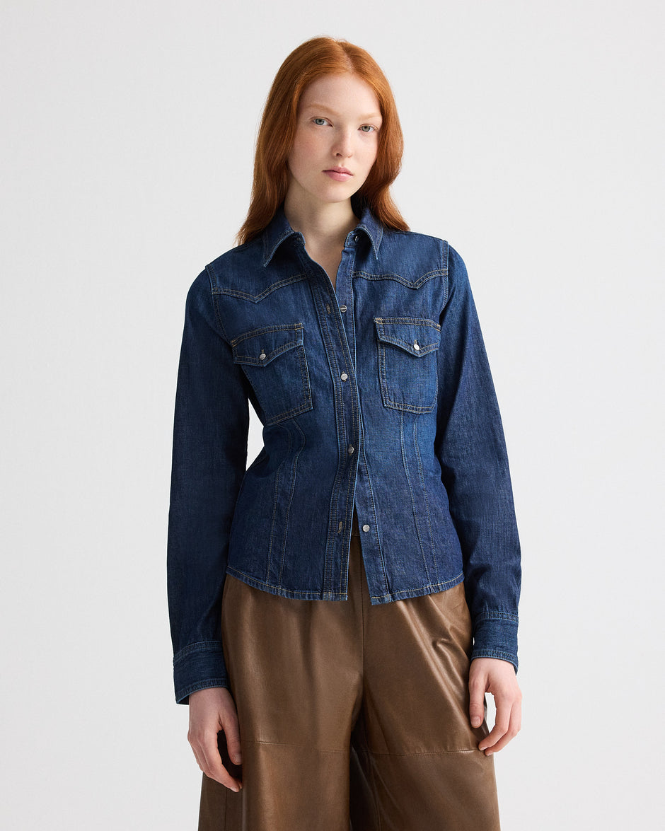 TWP Dark wash Mustang Sally Shirt in Denim Shirting view 1