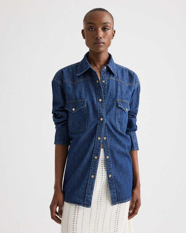 TWP Dark stone OG Supersized Ranchers Shirt in Denim Shirting view 3