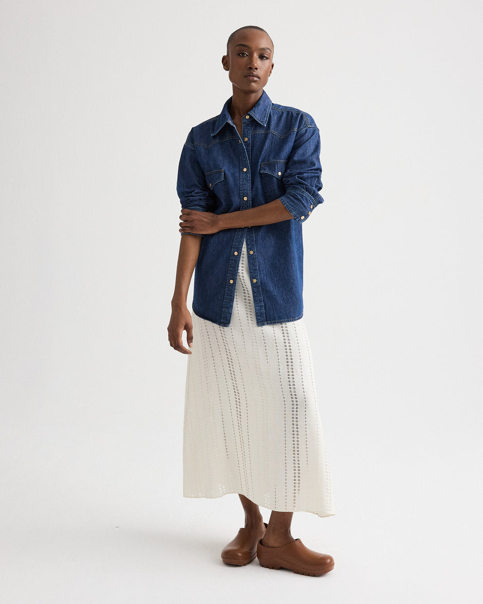 TWP Dark stone OG Supersized Ranchers Shirt in Denim Shirting view 1